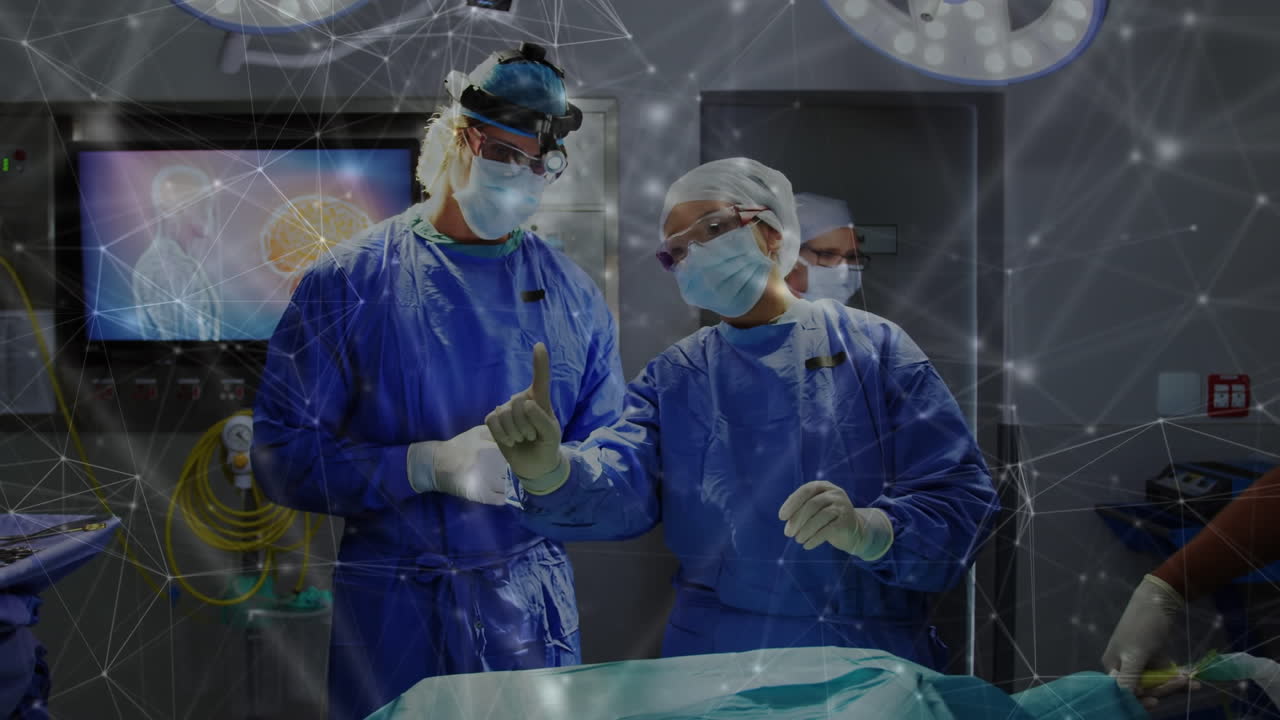 수술실의 외과 의사들 간의 연결 네트워크의 애니메이션