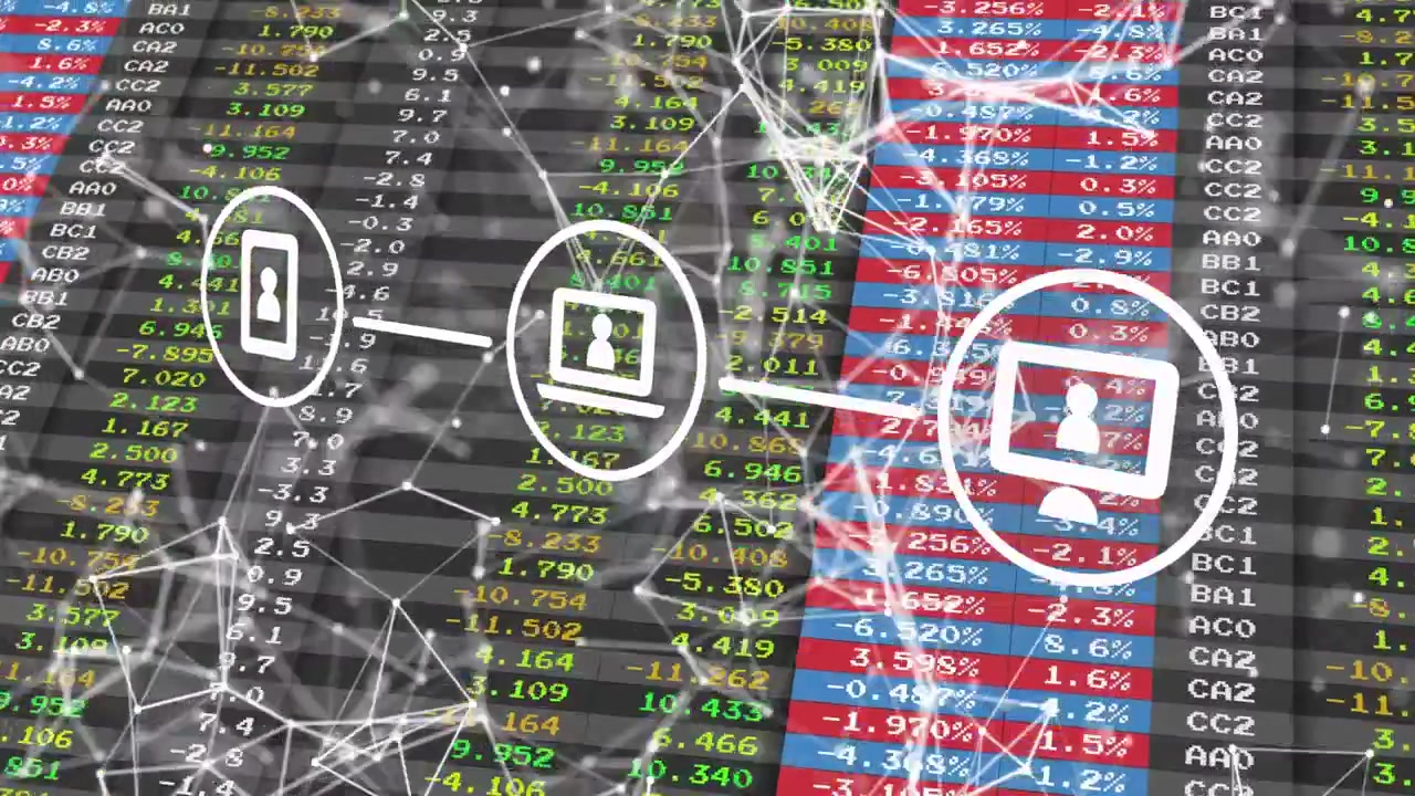 Diverse icone utente che si connettono e pulsano su un display digitale con una mesh di rete e dati di mercato