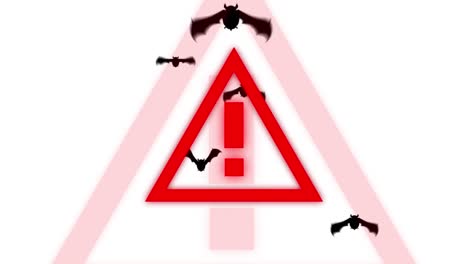 animación del triángulo de advertencia de peligro, sobre murciélagos, en blanco