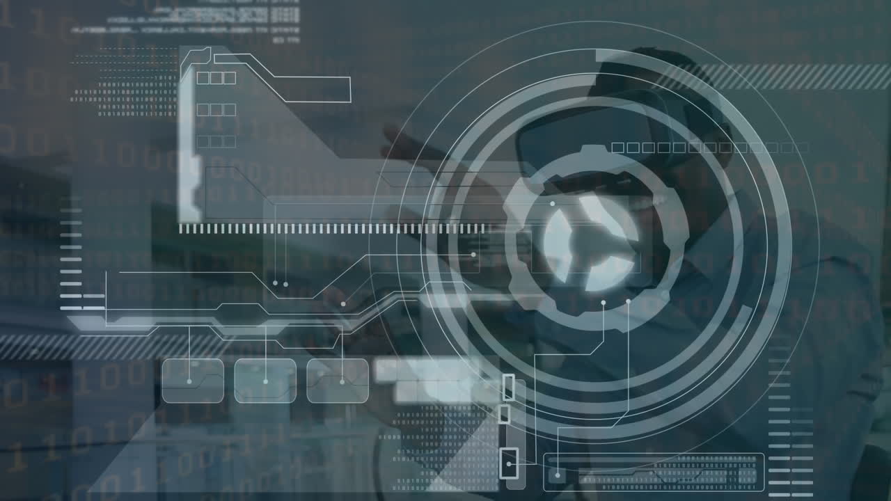 animación del escaneo del alcance y el procesamiento de datos sobre el hombre que usa auriculares vr
