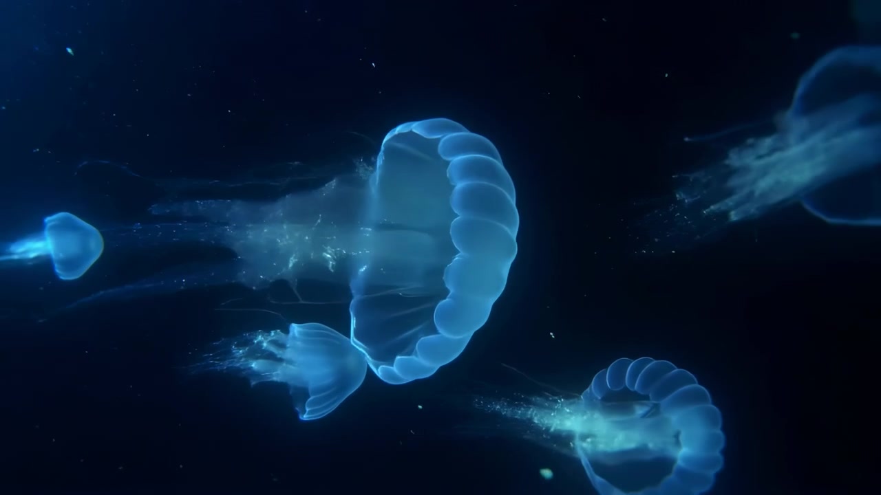 水中を漂う光る生物発光クラゲ、ゆっくりとした映画のようなクローズアップが半透明の傘を明らかにする
