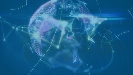 animation of globe of network of connections over 3d cityscape spinning on blue background