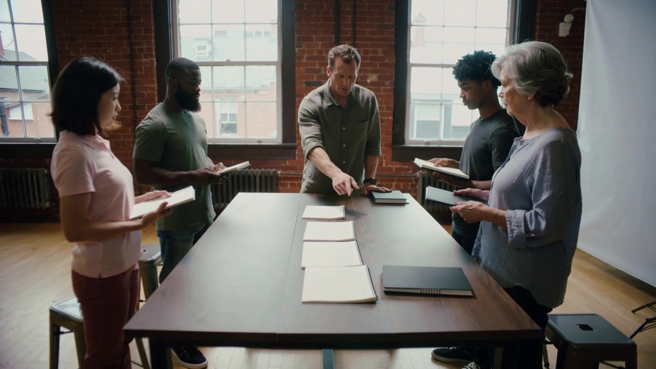 Placing closed folio, team lead in green shirt aligning papers at loft table prepping discussion