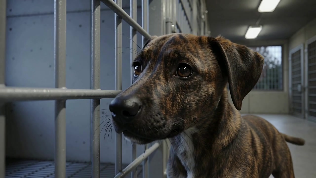 Sniffing brindle dog pressing nose against metal bars in shelter, reacting to movement outside