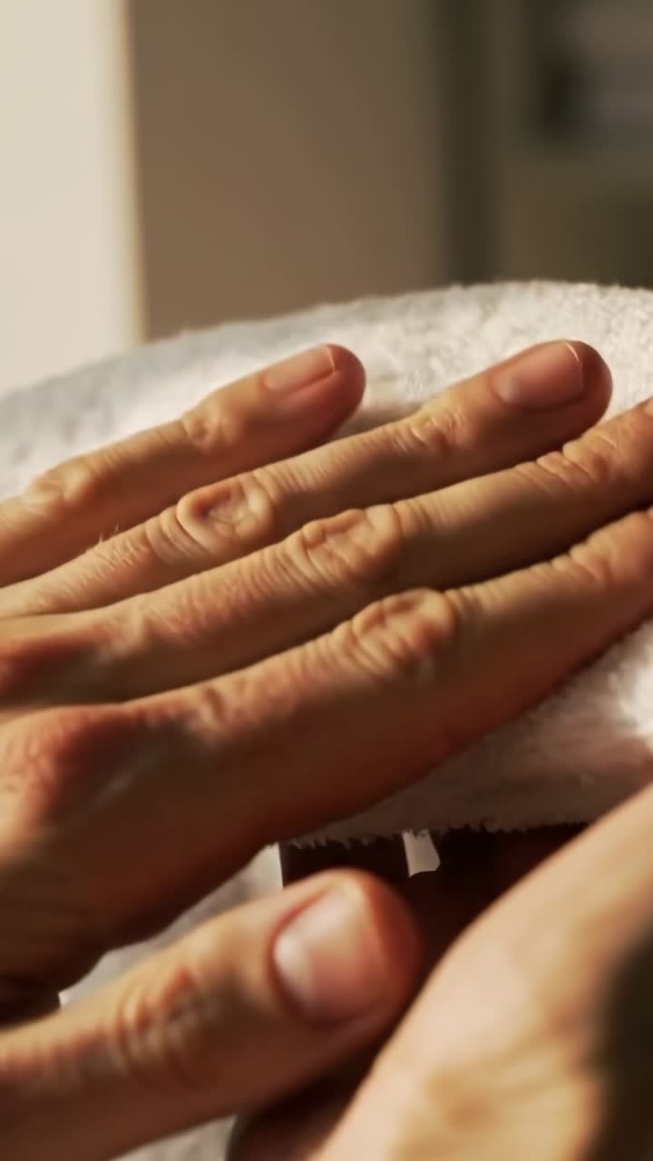 Video verticale: Mani che tengono un asciugamano di spugna bianco a casa, pizzicando leggermente per controllarne la consistenza.
