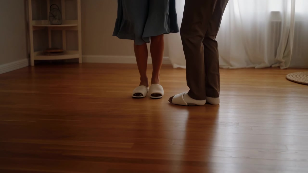 Low near-floor view of two people standing close on polished hardwood, one in blue dress and white open-back slippers, other in brown trousers, with soft daylight, sheer curtains, calm reflection