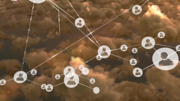 Networks of connections with icons over cloudy sky