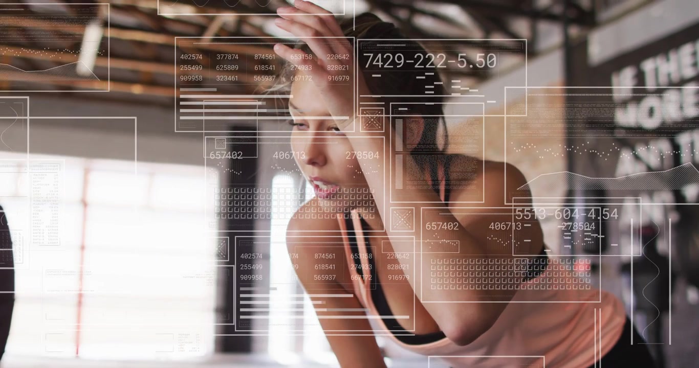 Woman recovering after set, pushing hair and breathing while fitness UI tracking metrics over face