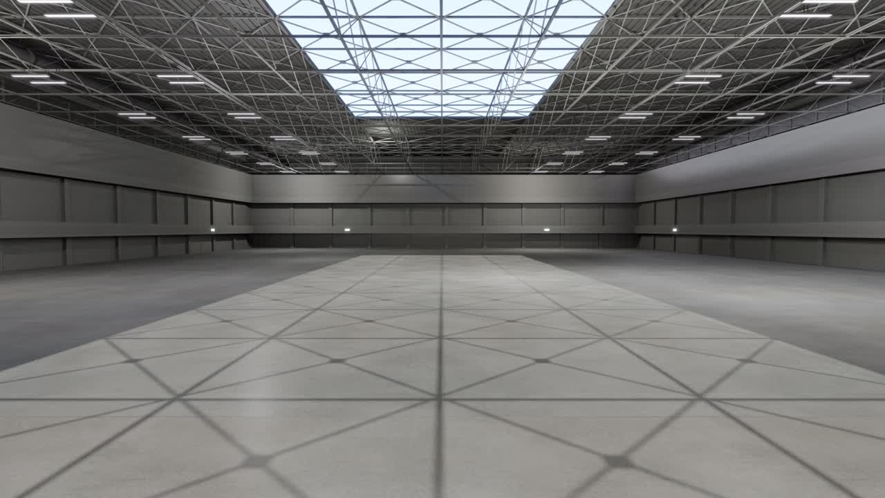 movimiento exhibición de sala vacía. telón de fondo para puestos de exposición, cabina, producto. sala de convenciones para conferencia, en línea.3d fondo para entretenimiento, concierto, evento, deportes, en vivo. bucle de animación 4k.3d render.