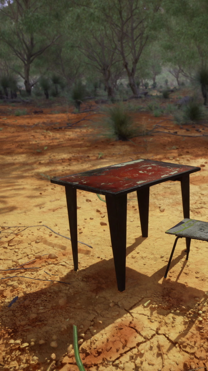 Table and chair in a dry landscape during daylight hours