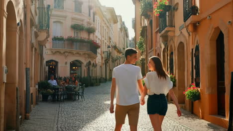 young couple walking hand-in-hand through a charming european street