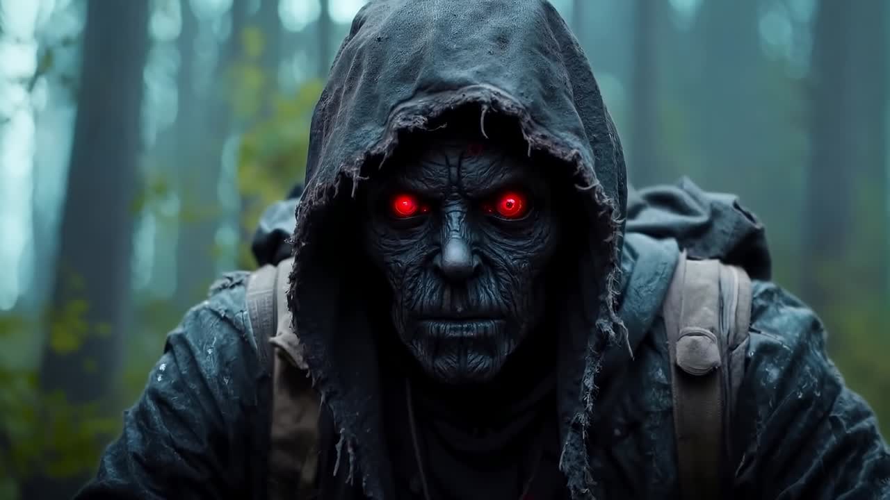 A man in a hooded hooded cloak with red eyes in the woods