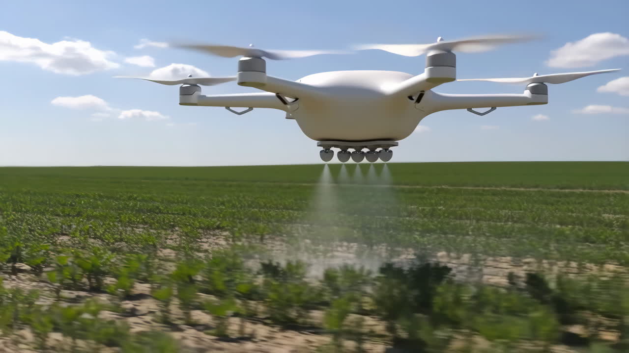 Agricultural Drone Spraying Crops in a Green Field