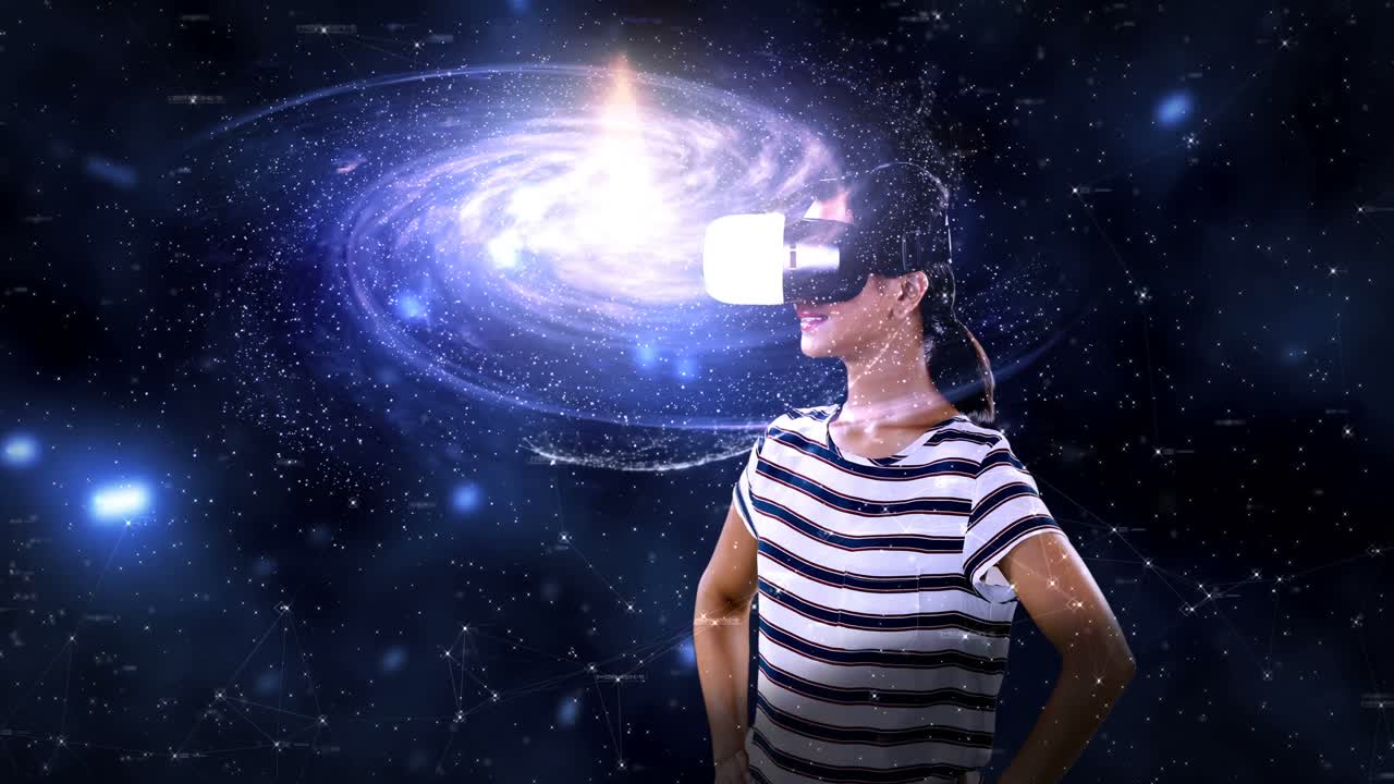 video generado digitalmente de una mujer usando auriculares de realidad virtual 4k