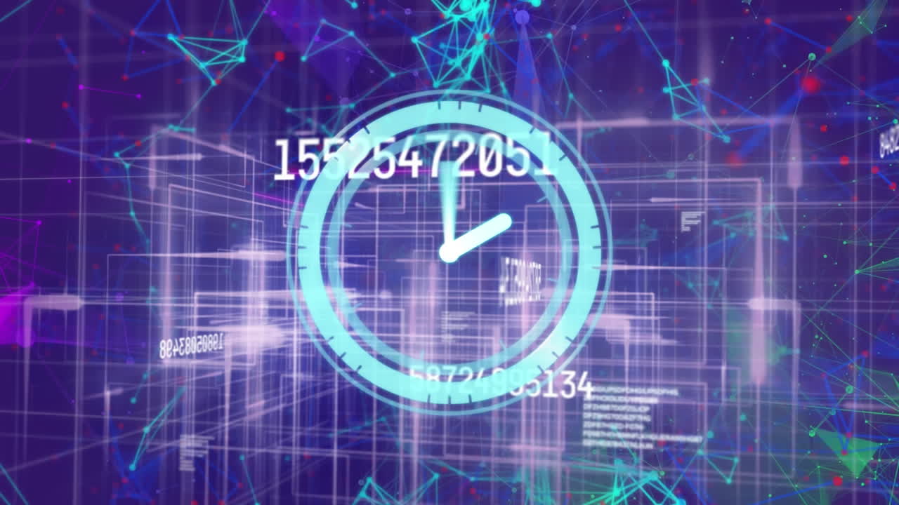 Animation of clock over network of connections and data processing