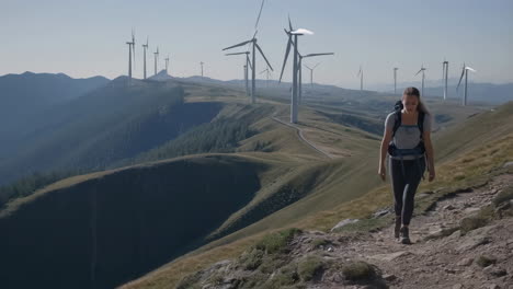 woman hiker on mountain trail with wind turbines