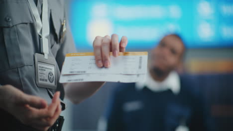 airport staff holding boarding passes