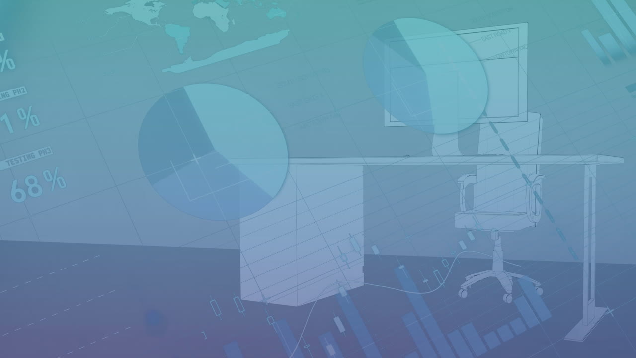 animación del procesamiento de datos estadísticos sobre un modelo de oficina 3d contra un fondo de gradiente azul