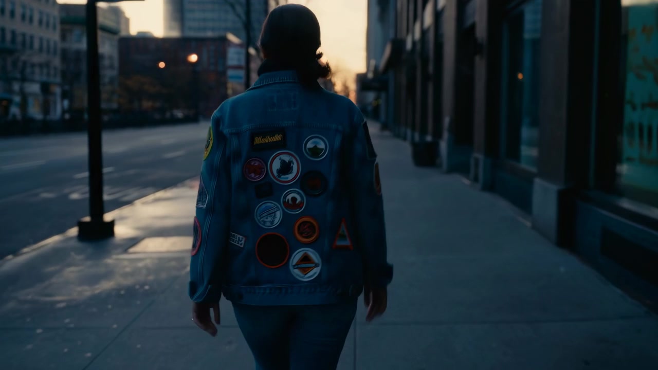 a person wearing a blue jacket with patches walks away from the camera down an urban street, captured from a third-person perspective behind the subject. The scene features concrete pavemen.