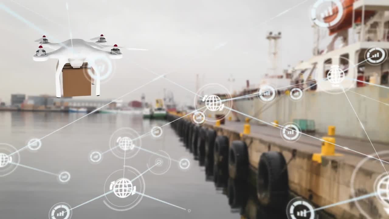 패키지와 함께 배달 드론을 통해 아이콘과 연결 네트워크의 애니메이션