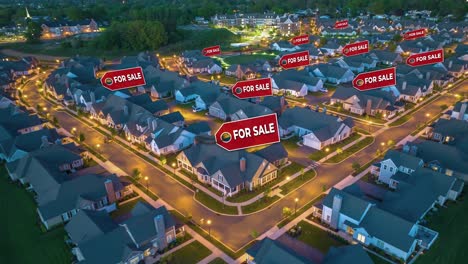 suburban homes with for sale animated signs at night