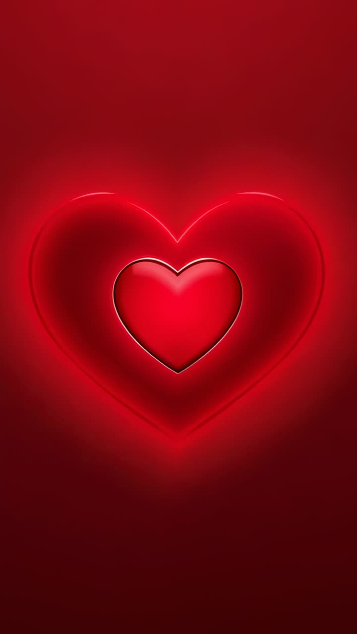 Video verticale: Frame 1 con cuori concentrici incandescenti che si ingrandiscono sotto un alone al neon su sfondo rosso intenso