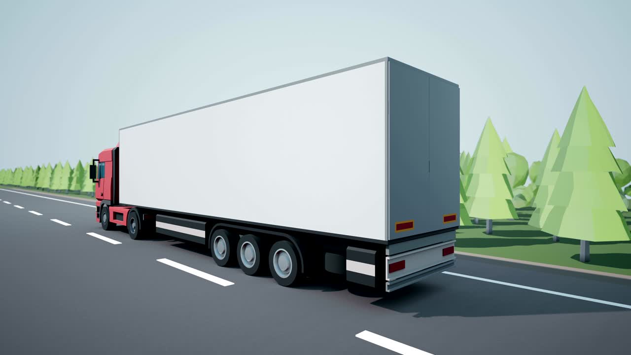 뒷면 카메라는 고속도로에서 운전하는 화물 트레일러와 함께 유로 세미 트럭을 따릅니다. 낮은 폴리 그래픽.