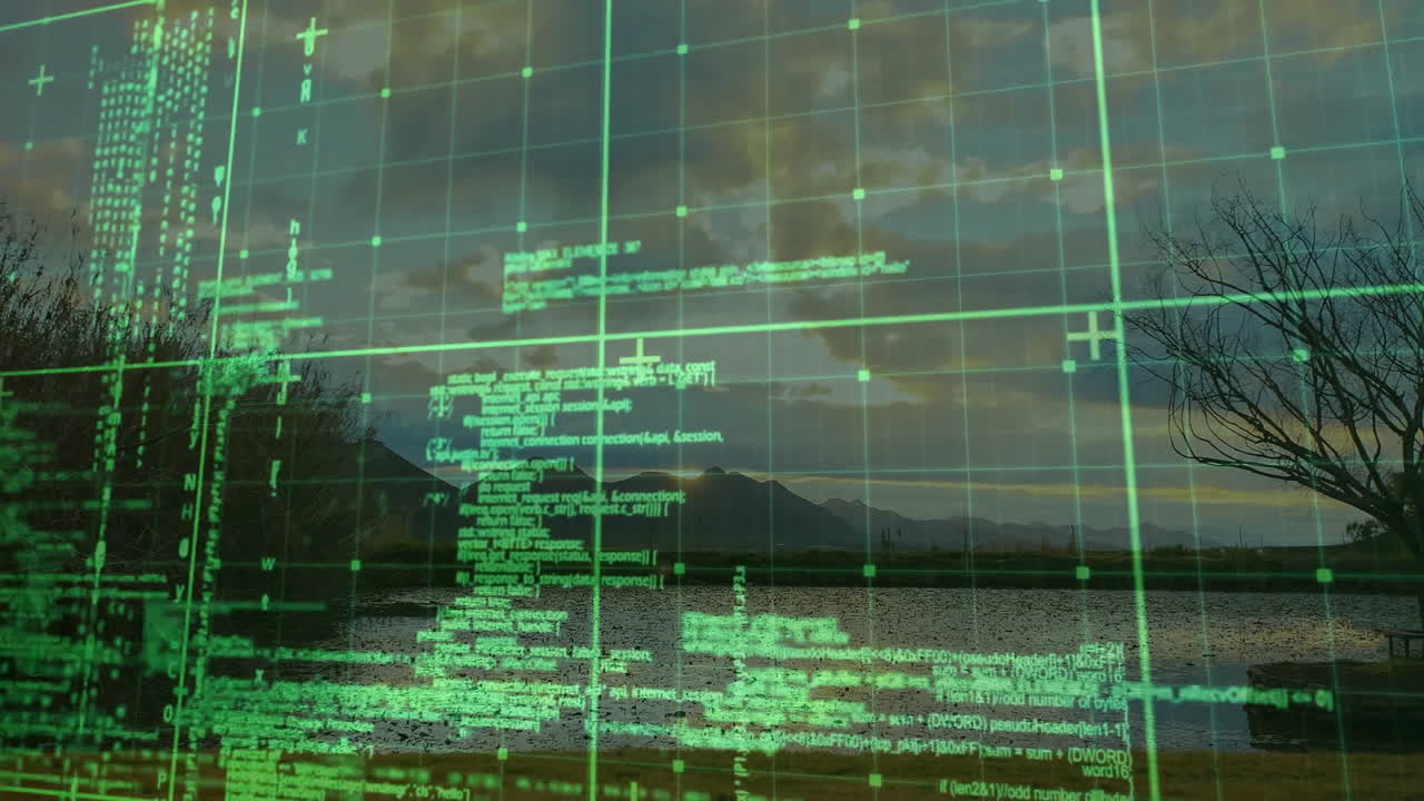 Animation of digital code and grid overlaying serene mountain and lake landscape