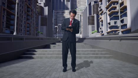 full body of asian business man writing tablet in city