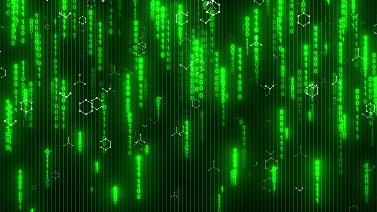 Digital Matrix Background with Falling Binary Code and Molecular Structures