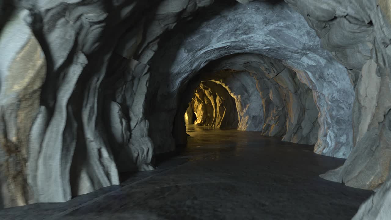 어두운 바위 터널에서 앞으로 나아가는 루프 애니메이션, 3d 렌더링