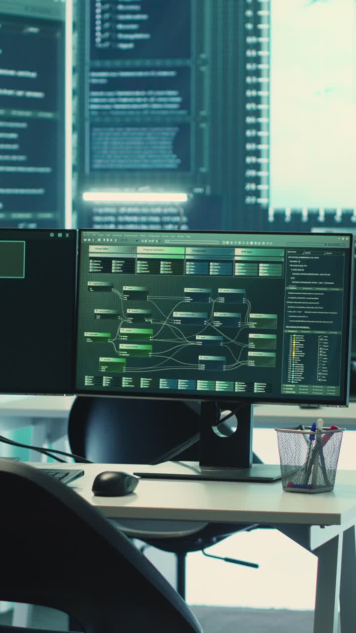 Computer Monitors Displaying Programming Code and Network Data