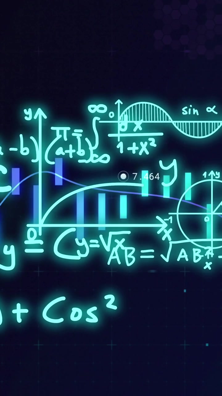 Animation of mathematical equations over data processing on blue background
