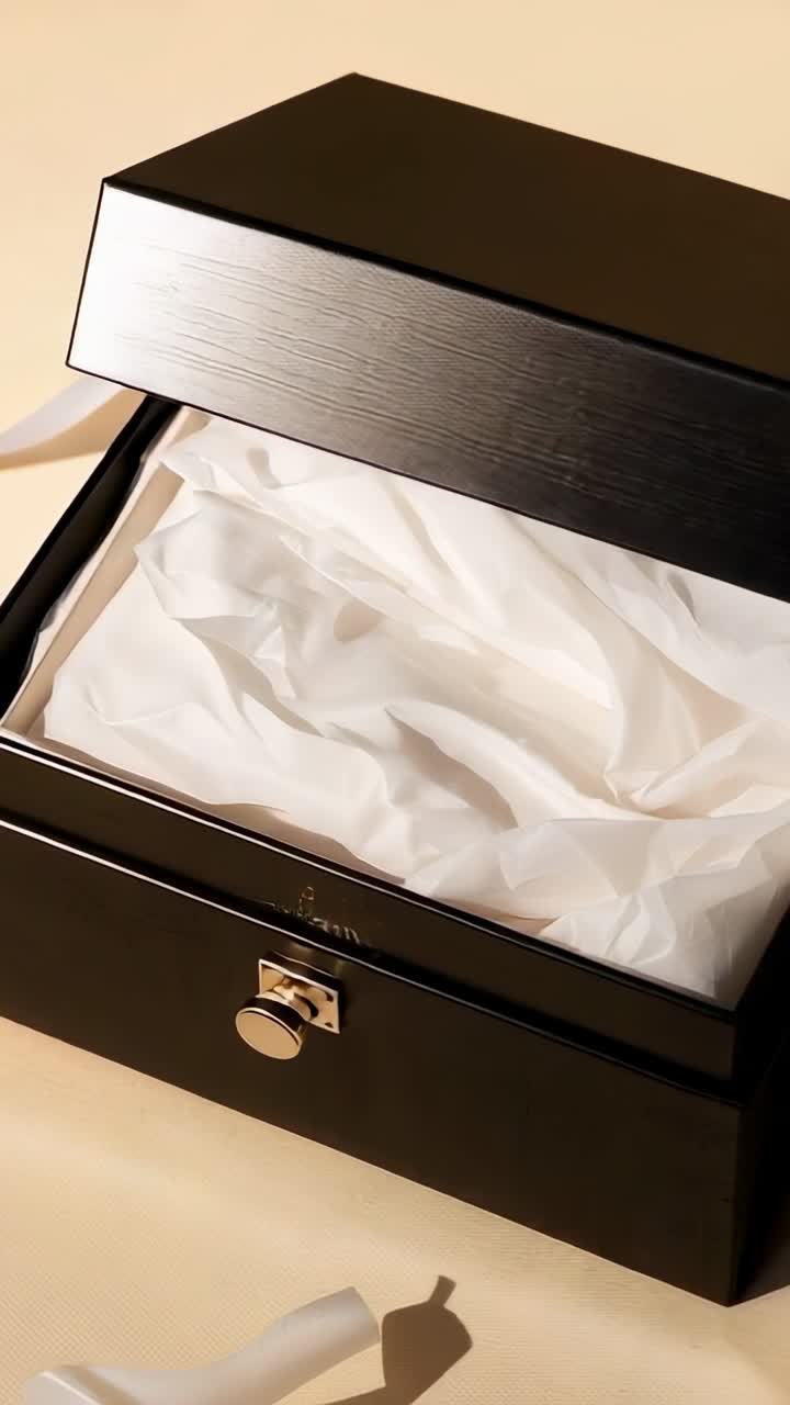 Vertical video: Cam shifting right, black box tilting lid, revealing tissue and gold knob for promo