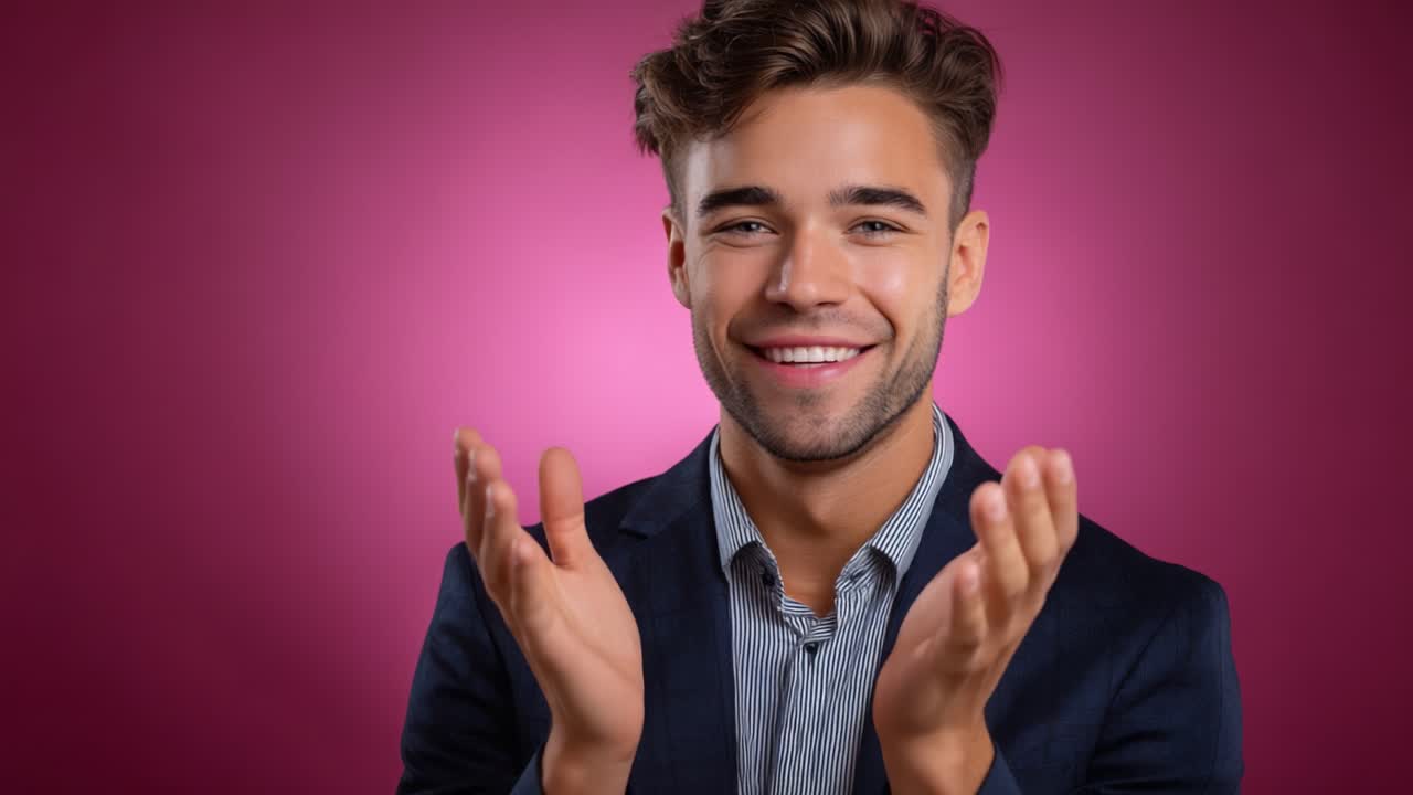 Um jovem alegre em um terno estiloso sorrindo e batendo palmas contra um plano de fundo rosa vibrante, transmitindo positividade e confiança em seu comportamento