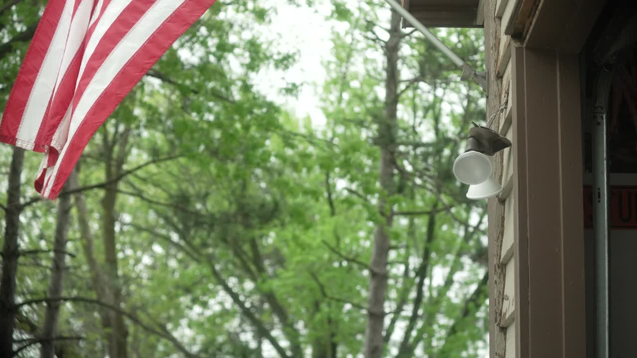 An American flag swigs beside a garage exterior, framed by lush green trees and soft daylight. The scene captures quiet suburban life, patriotic charm, and the warm, inviting a peaceful neighborhood