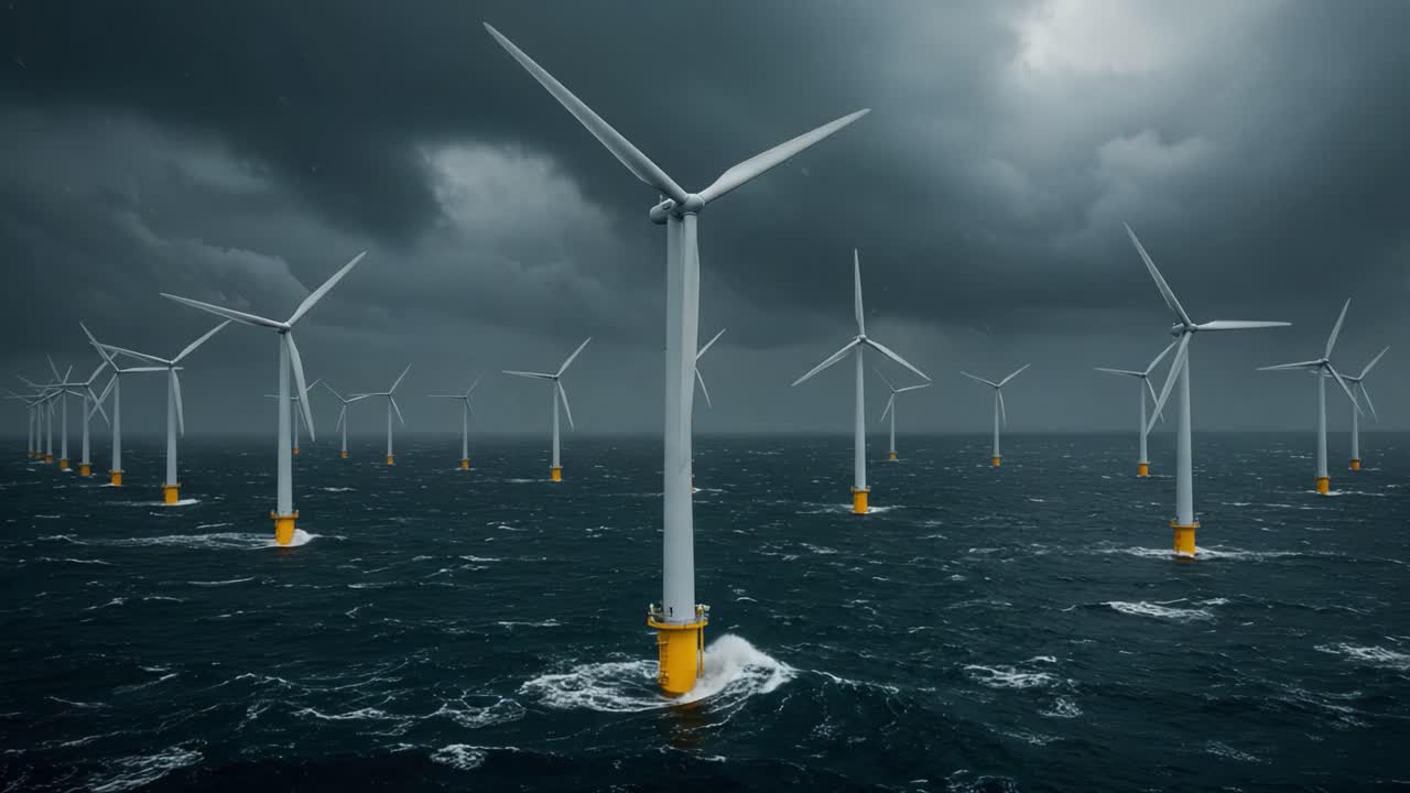A Stunning View of Offshore Wind Turbines Sticking Out of Dark Waters Under a Moody Sky Filled with Rolling Clouds, Capturing the Power of Renewable Energy in Contrast to Nature's Fury