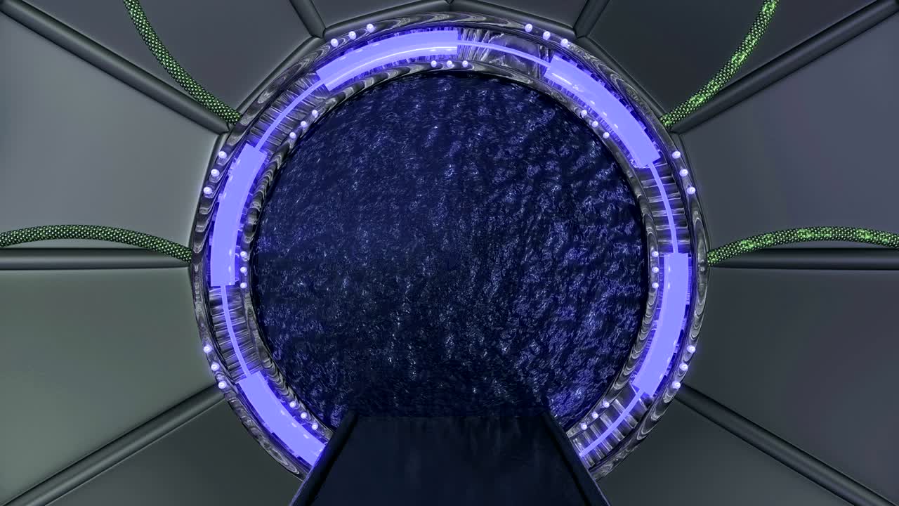 la escotilla de hierro abre una vista panorámica a la escena del paisaje de la nave espacial. fondo abstracto 3d de corredor de ciencia ficción con portal. tecnología futurista abstracto vj para títulos tecnológicos y fondo.