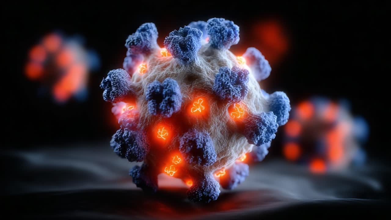 Detailed Visualization of a Coronavirus Particle Showcasing Unique Surface Protein Structure and Distinctive Color Patterns in a Dark Environment