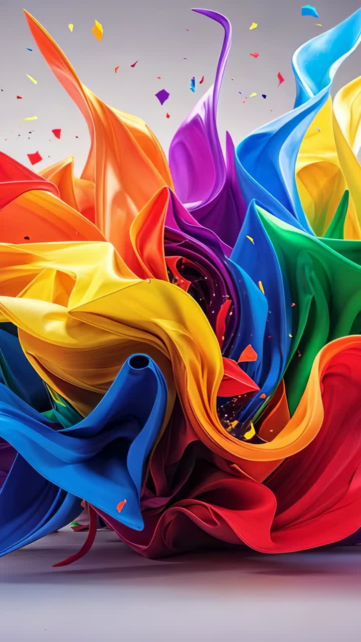Video verticale: nastri colorati che danzano e si piegano in studio mossi dalla brezza, con coriandoli che fluttuano
