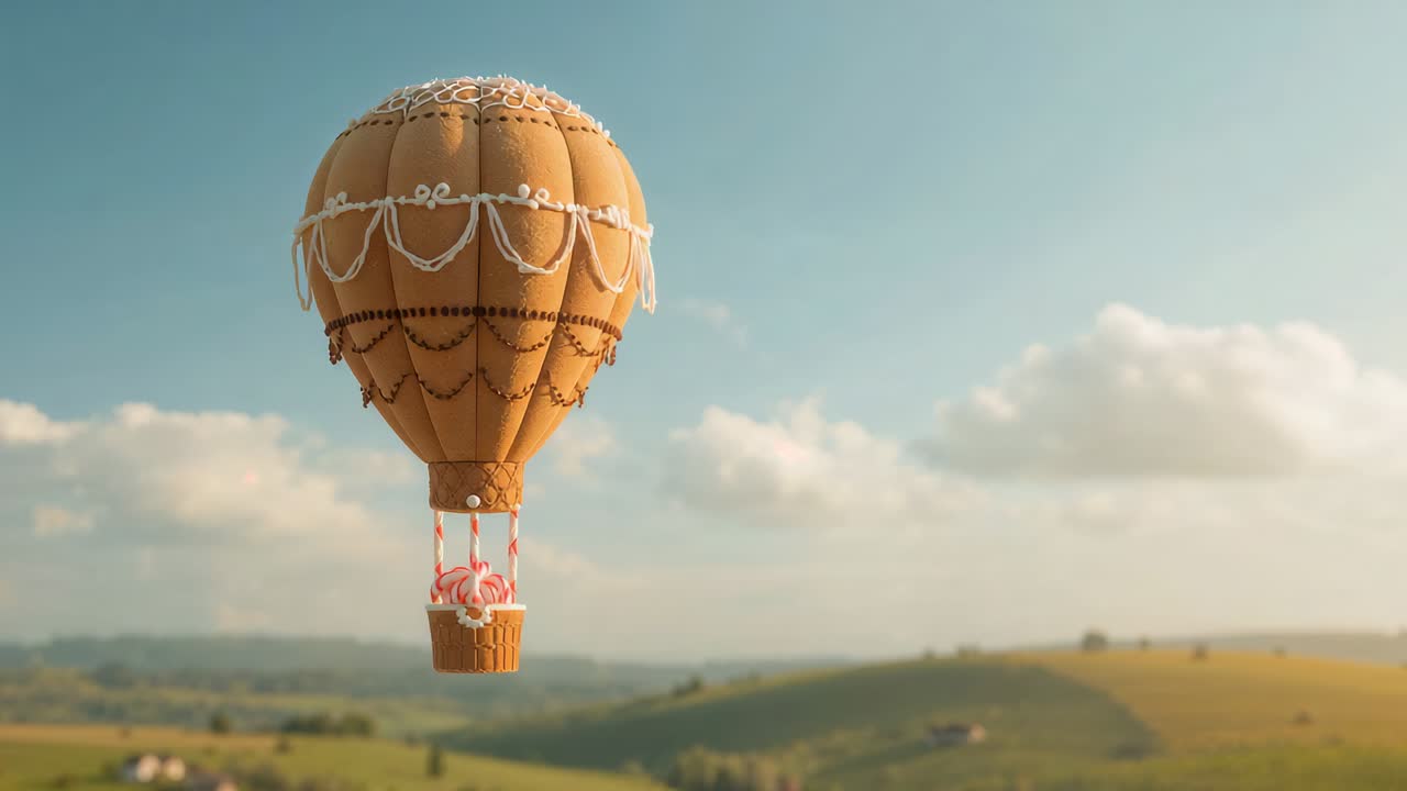 Drifting biscuit balloon moving under light breeze over fields, carrying pink candies in basket
