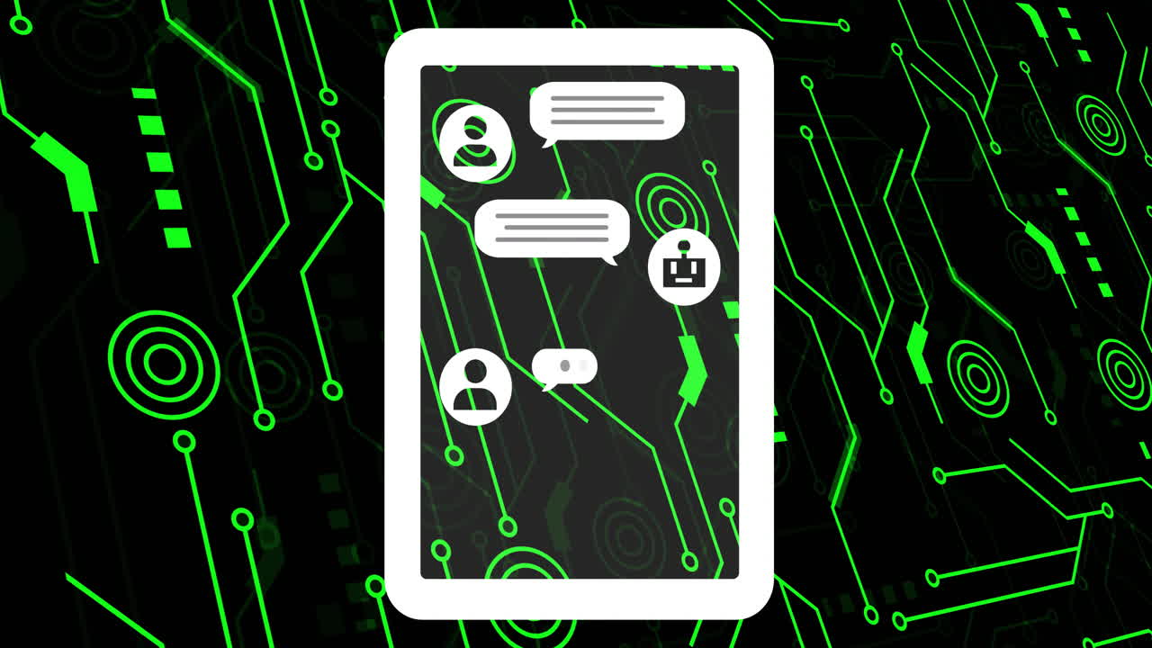 animación del procesamiento de datos digitales y conexiones con íconos de chatbot artificial