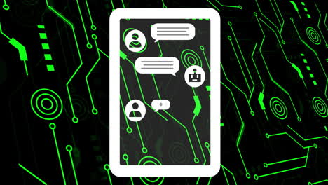 animación del procesamiento de datos digitales y conexiones con íconos de chatbot artificial