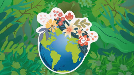 animation of globe with flowers on jungle background