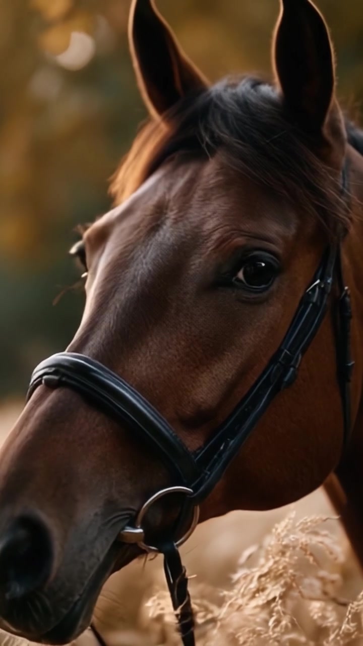 Un maestoso cavallo in un campo illuminato dal sole, che cattura la bellezza della grazia e serenità equina tra i caldi colori della natura autunnale.