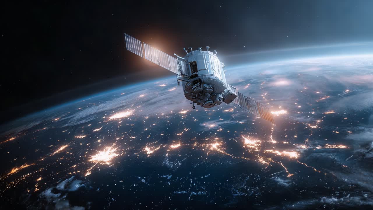 Un satellite mozzafiato in orbita attorno alla Terra, che cattura le luci scintillanti della città sottostante, illuminando la notte con straordinaria chiarezza e meraviglia tecnologica