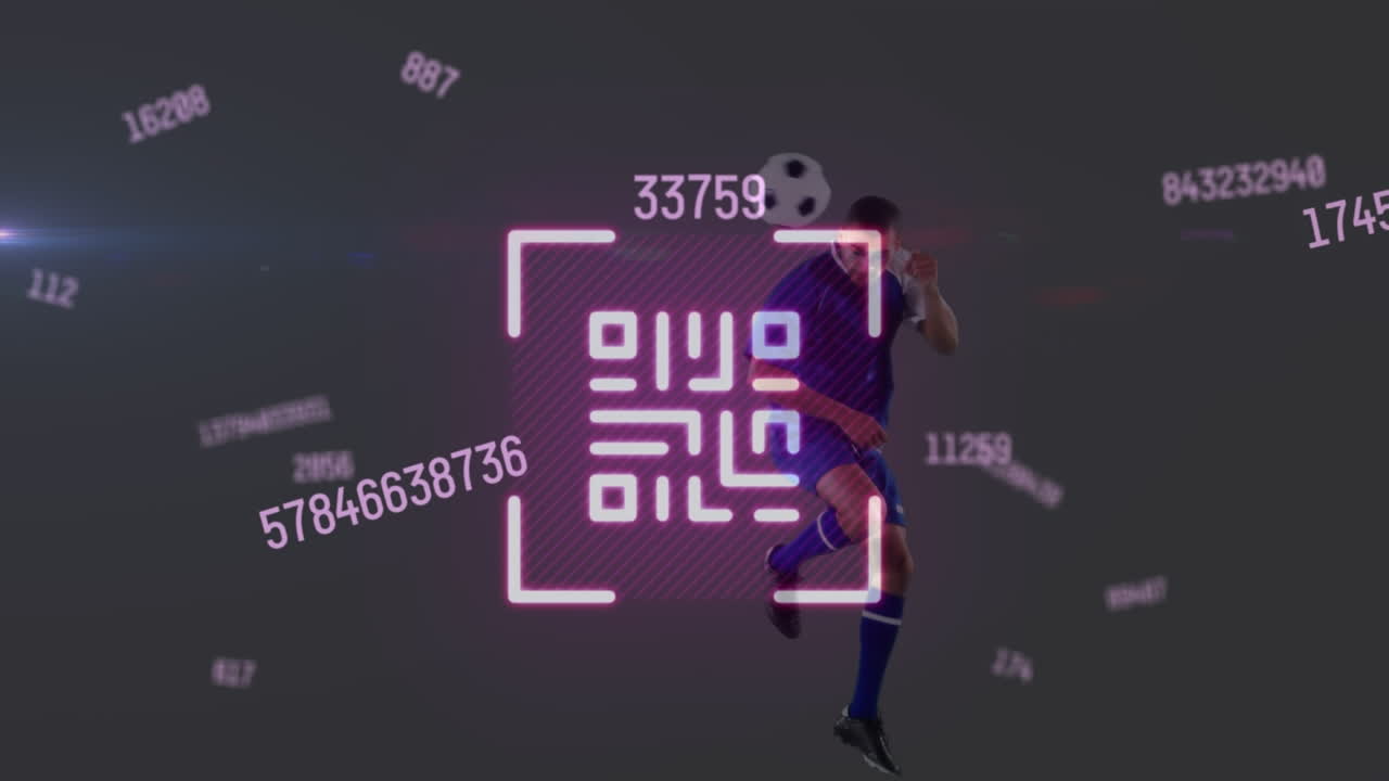 Animation of neon qr code and changing numbers over biracial male soccer player heading the ball