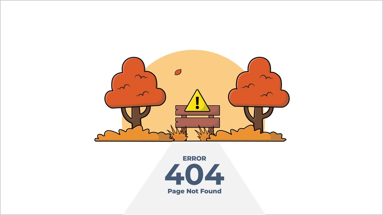 Illustrazione animata di errore 404 "Pagina non trovata" con alberi autunnali