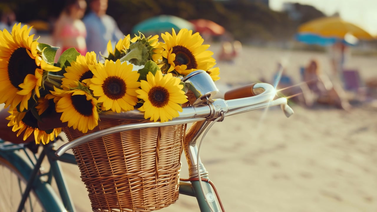 Närbild av färska solrosor arrangerade i en flätad korg på styret till en vintagecykel bredvid en sandstrand, med kromdetaljer, mjuk oskärpa, varmt solljus och avslappnad kustnära sommarstämning.