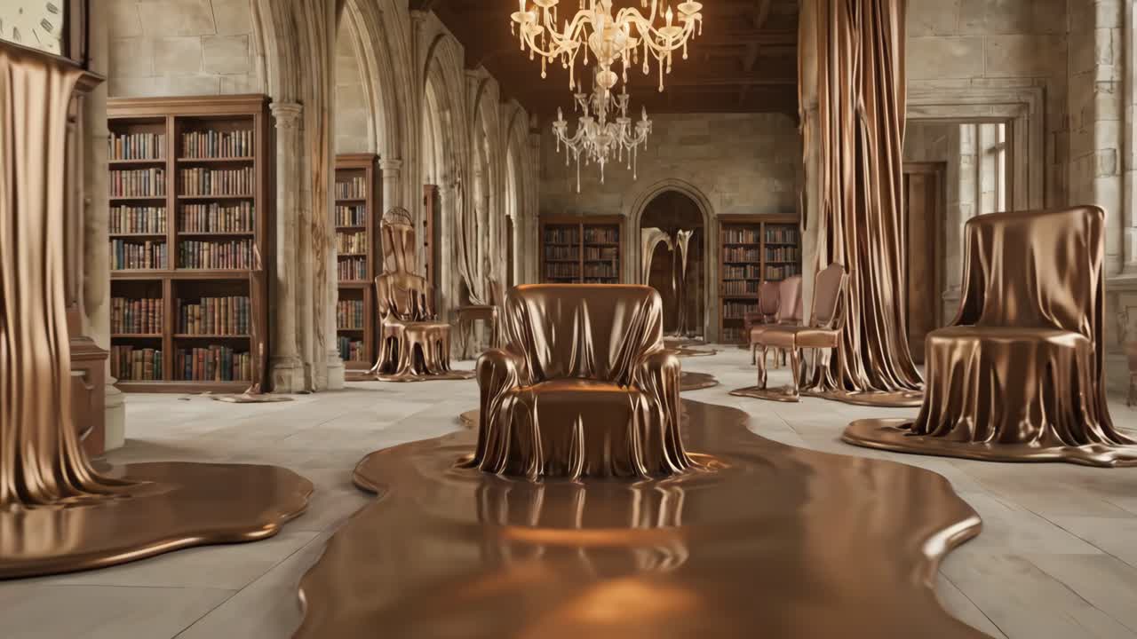 Un surreale liquido dorato si scioglie sui mobili in una grande biblioteca.